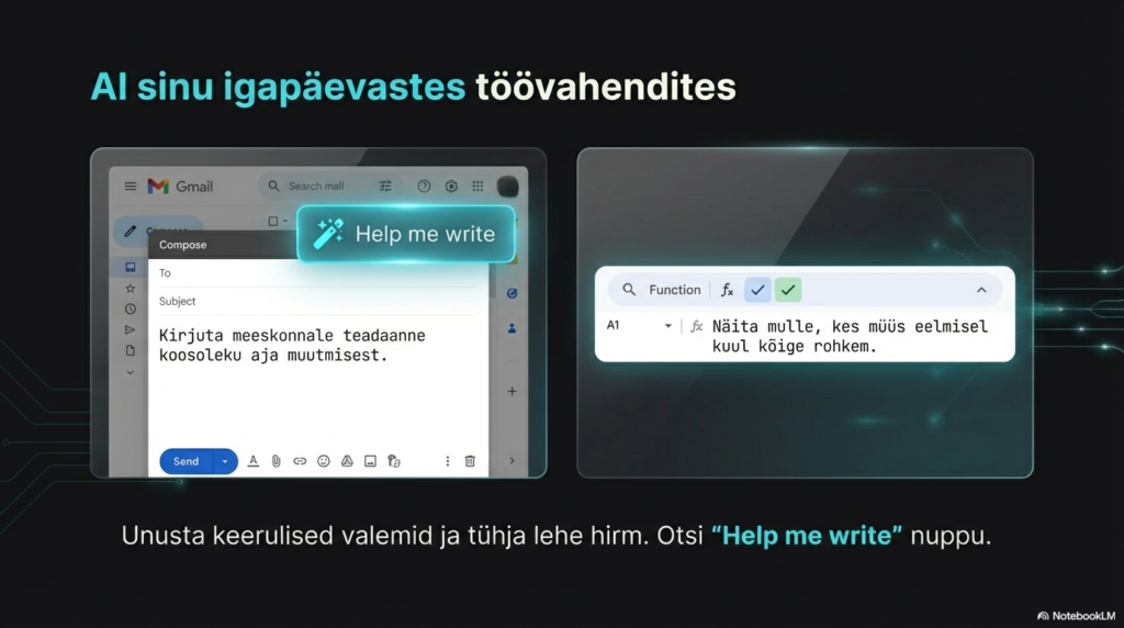 Interaktiivne tööriist arvutiekraanil, tekstiga Help me write Gmailis.