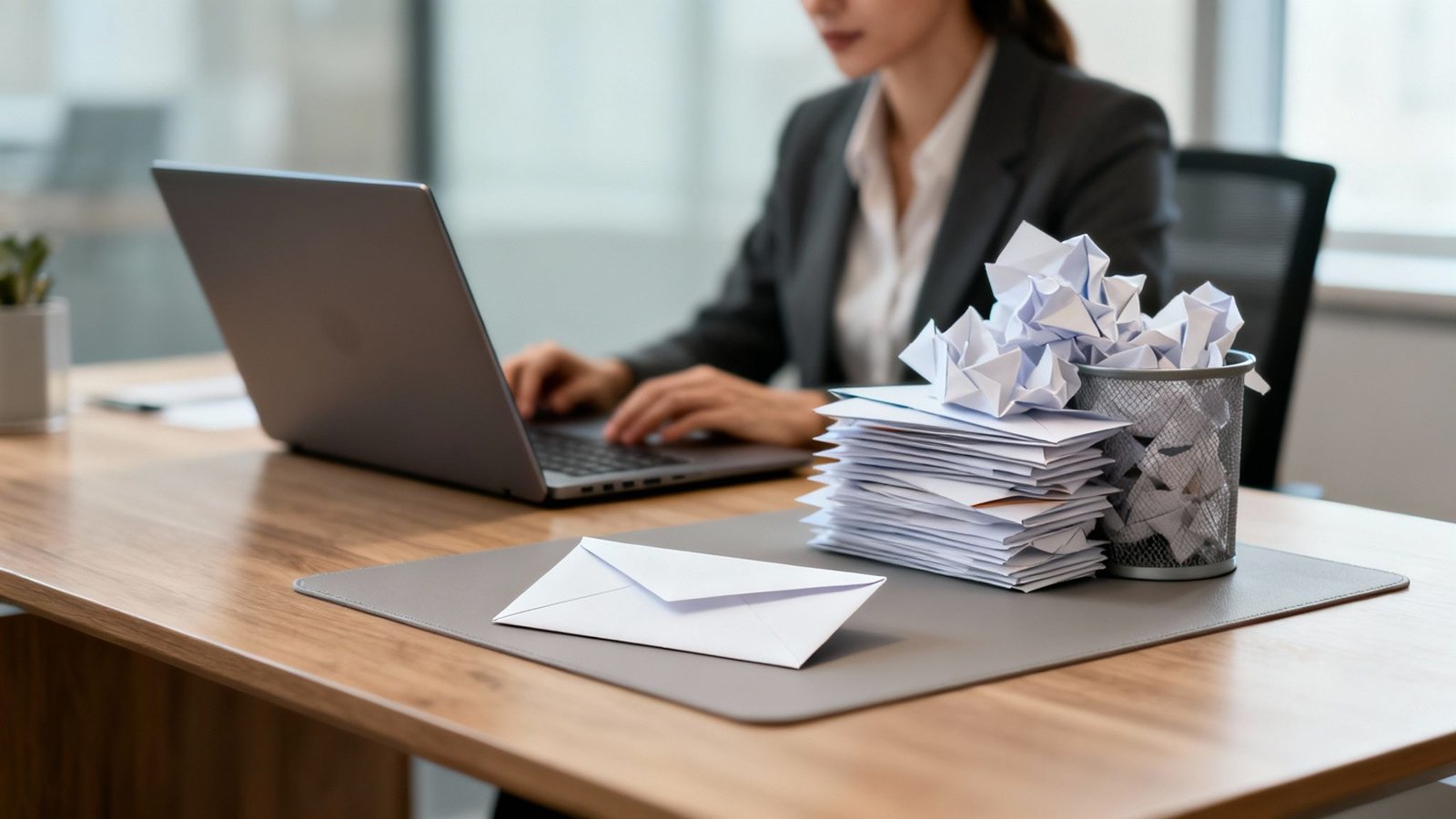 Naine sülearvuti taga kirjutamas e-kirju kontorilaual