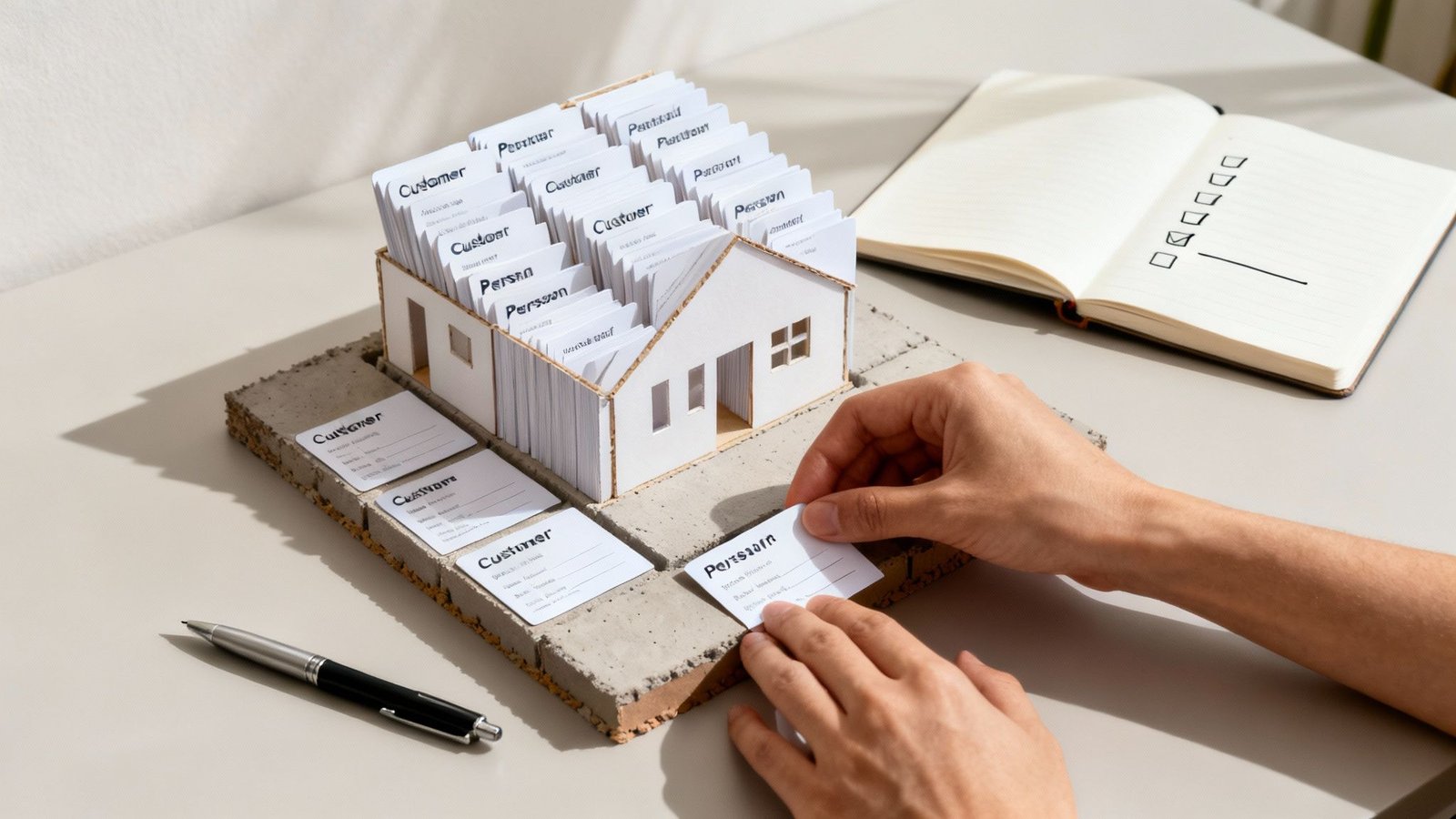 müügikontaktide kaardid ja lahtine märkmik laual