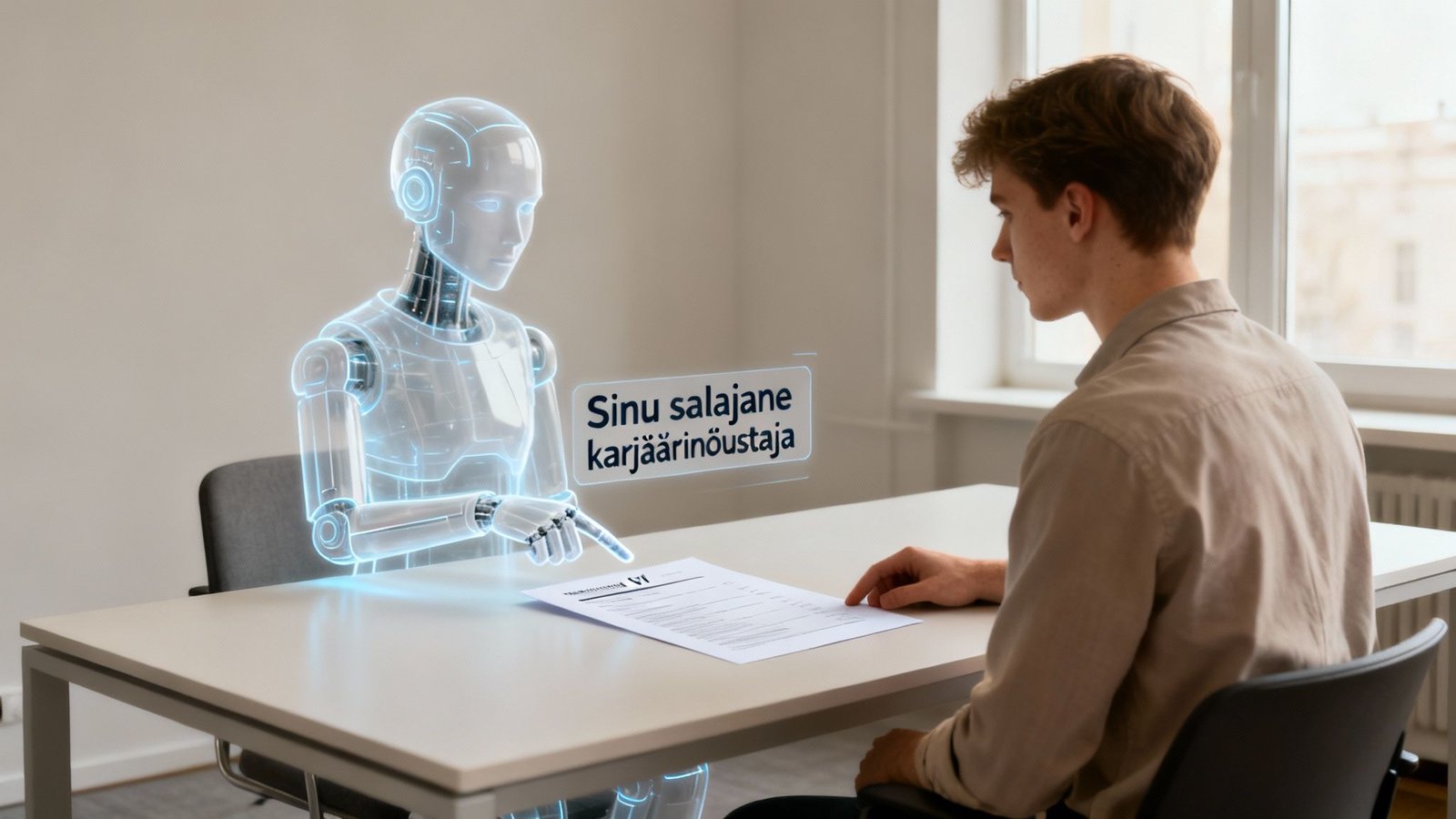 Noormees kirjutab CV-d koos futuristliku robotiga.