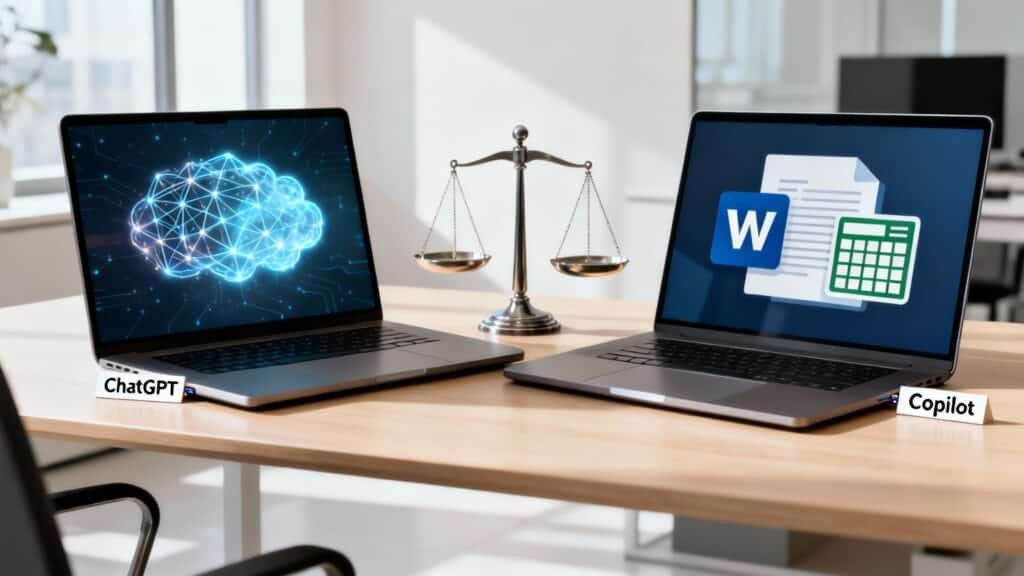 Kaks sülearvutit AI tööriistade võrdluseks koos tasakaalu sümboliga