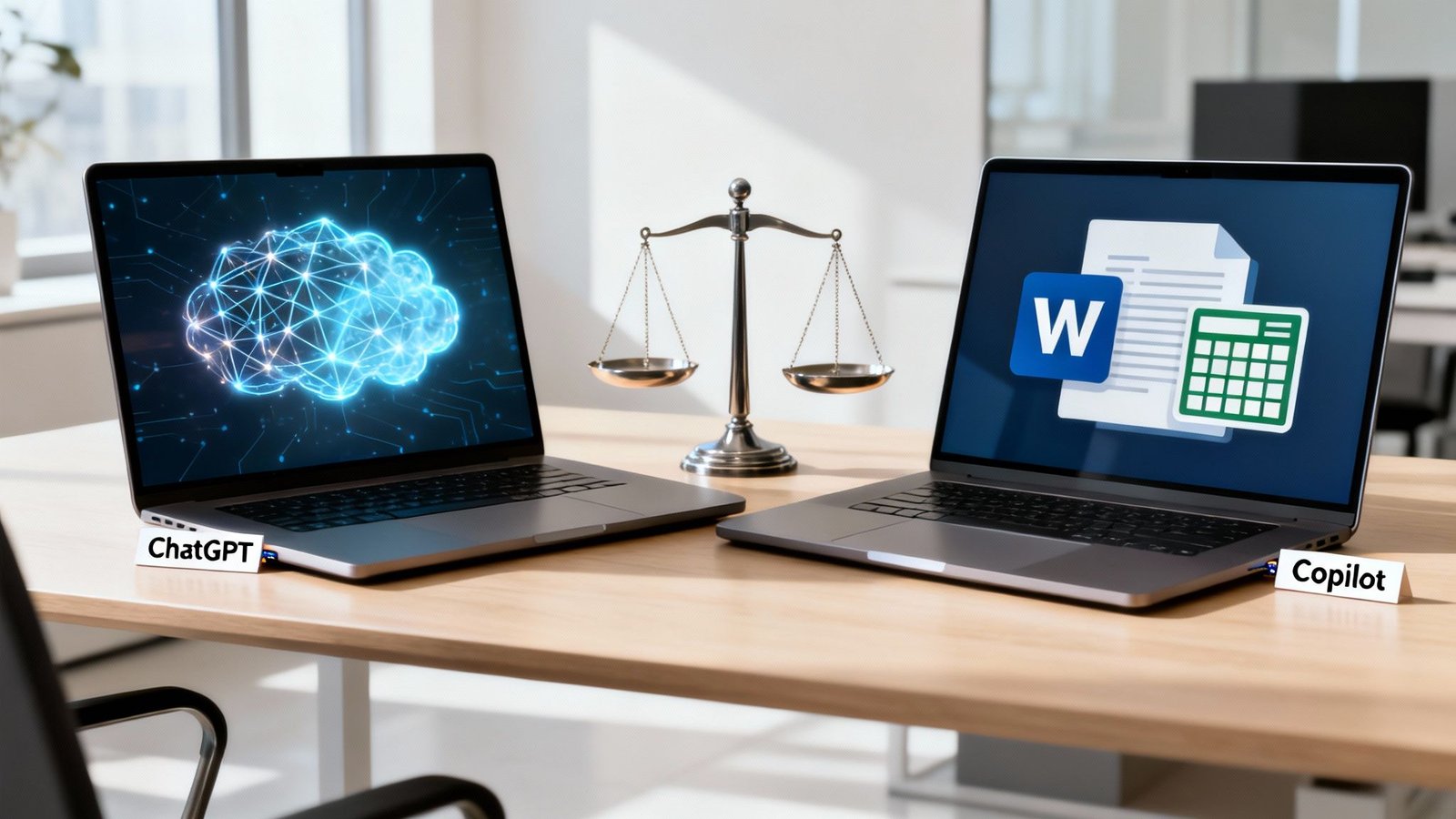Kaks sülearvutit AI tööriistade võrdluseks koos tasakaalu sümboliga