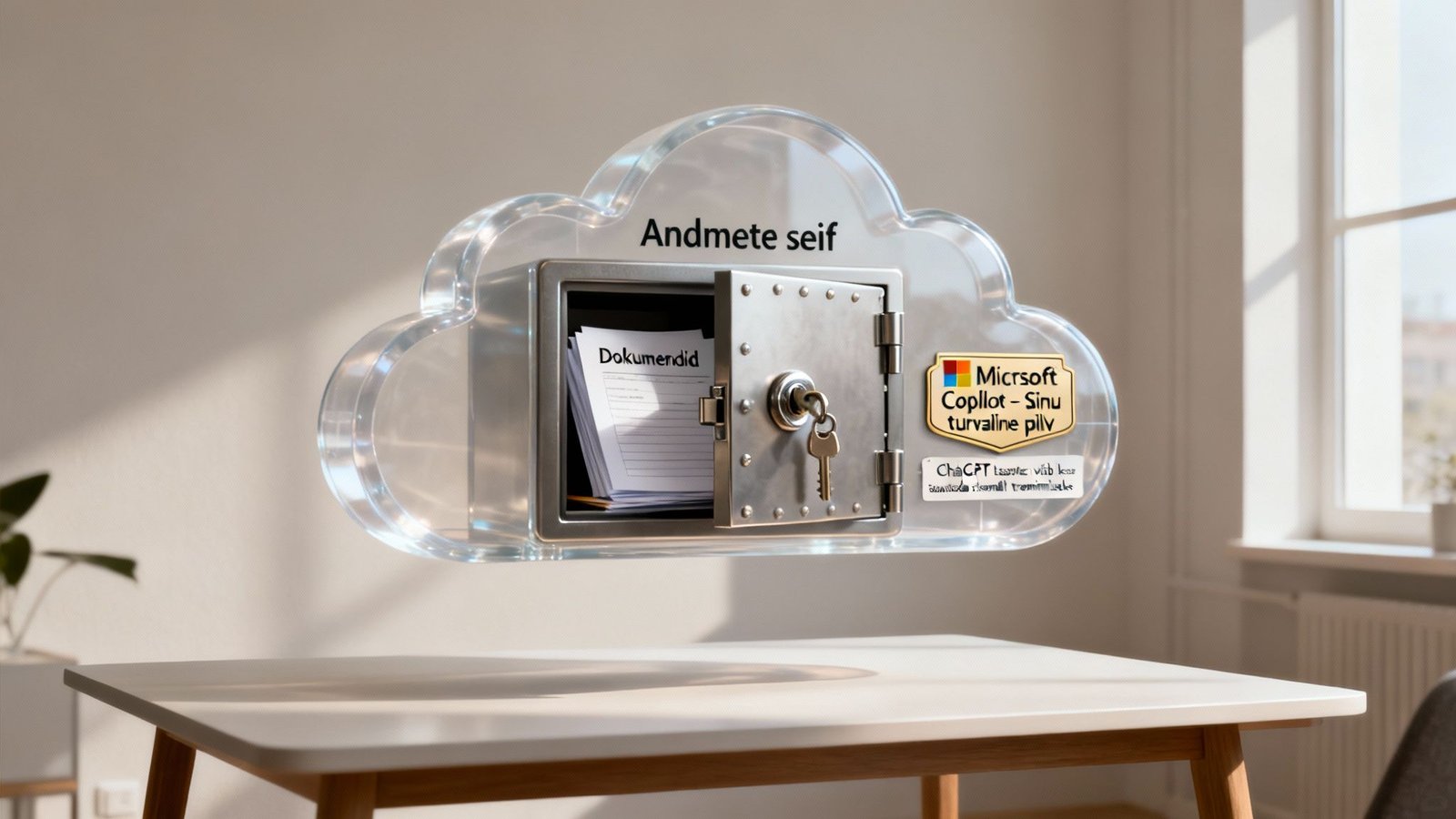 Pilves kuvatud turvaline seif kontorilaual