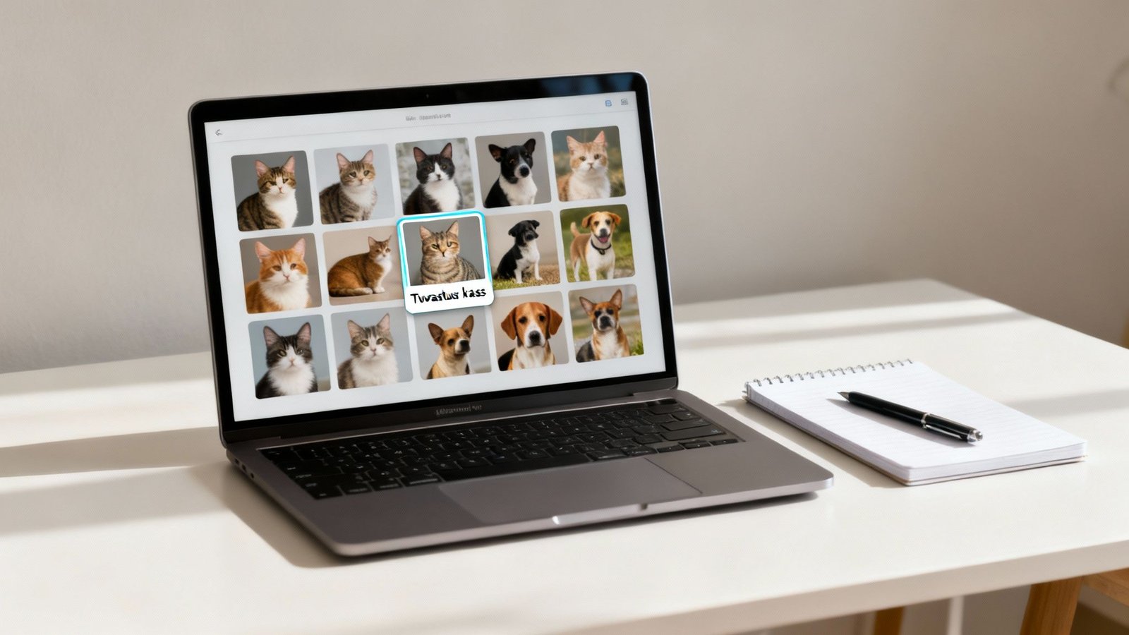 Sülearvuti, mis kuvab tehisaru abil tunnustatud kassi pilte.