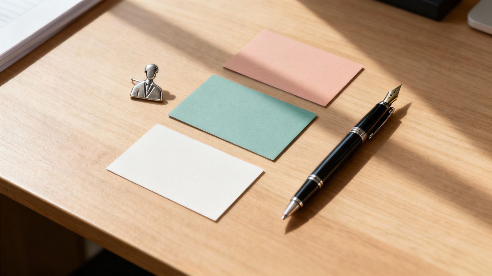 Kolm värvilist kaarti ja sulepea puidust laual