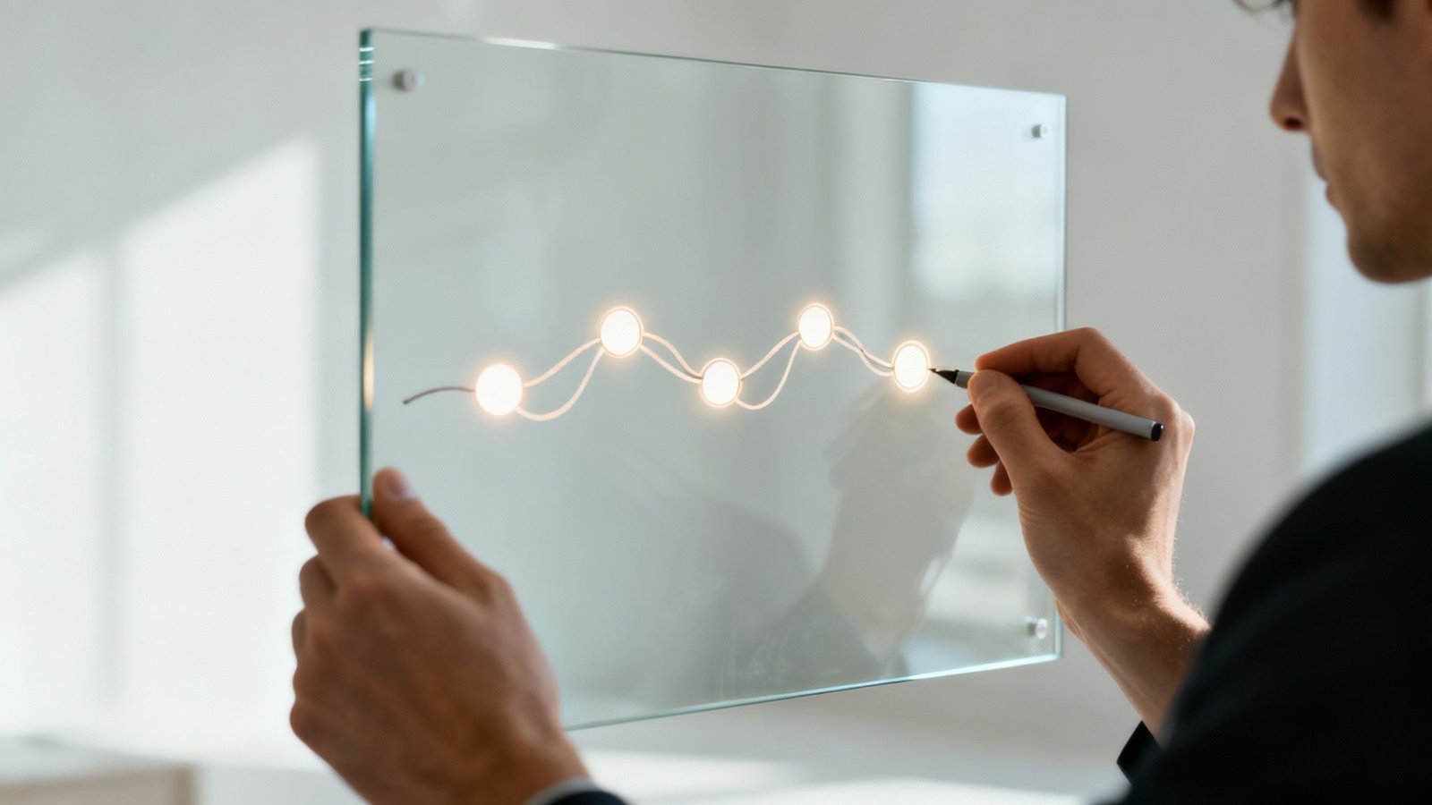 Isik joonistab klaaspaneelile valguspunktidega joont