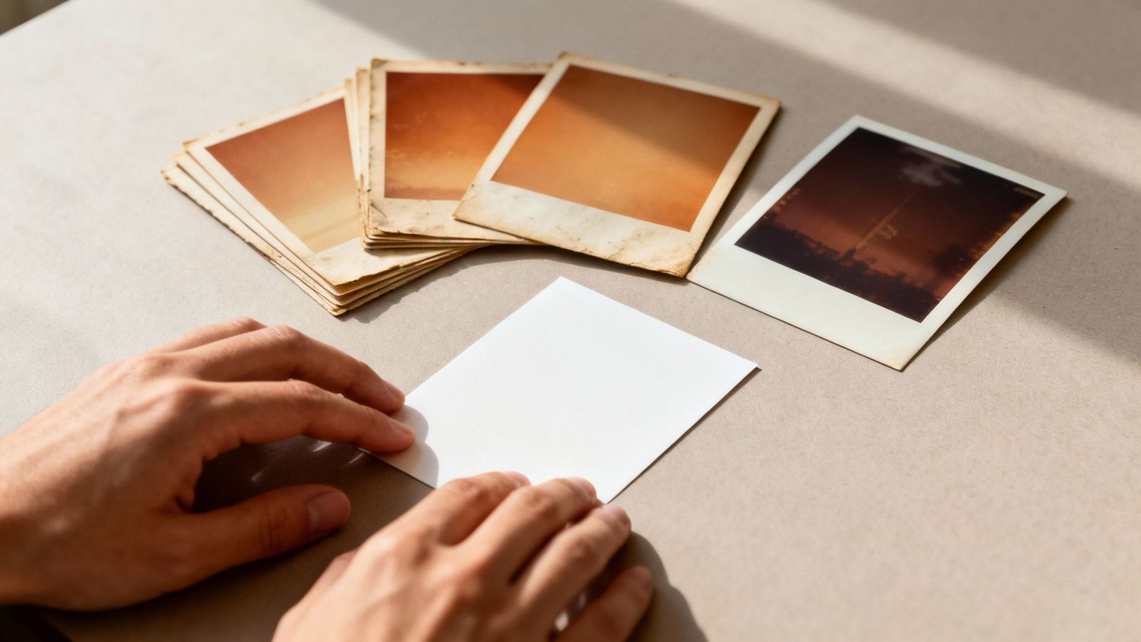 Käed, mis paigutavad vanu polaroid pilte lauale.