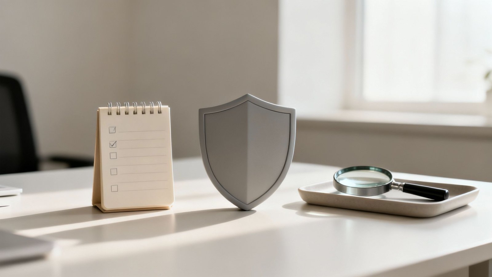 Laual märkmik, suurendusklaas ja kilp kontoris