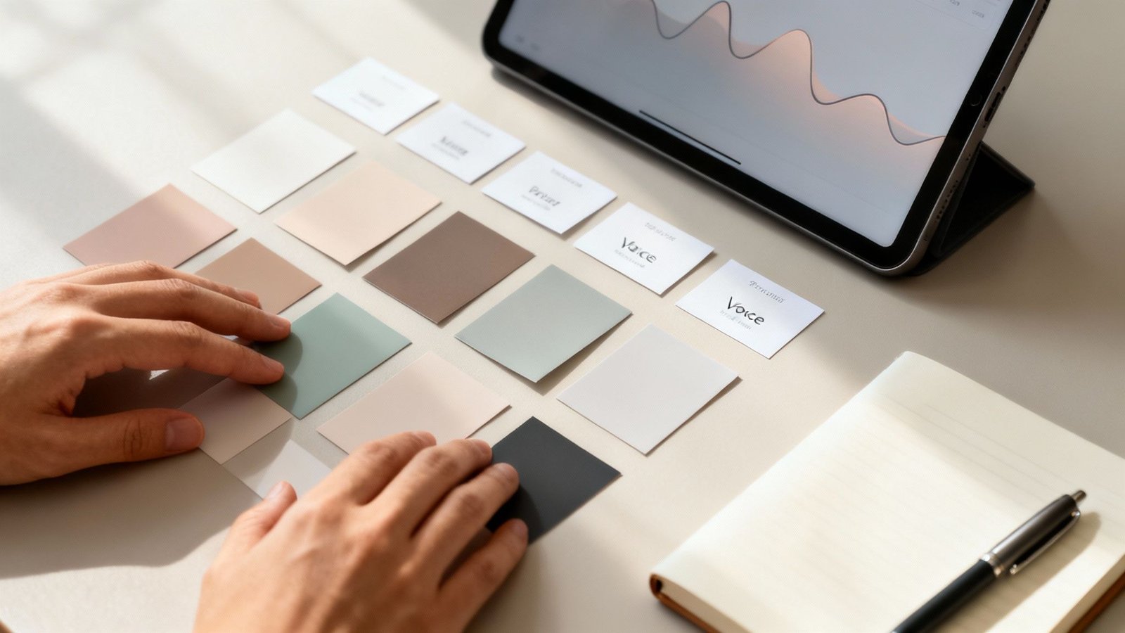 Käed valimas värvitoone koos tahvelarvutil kuvatava graafikuga