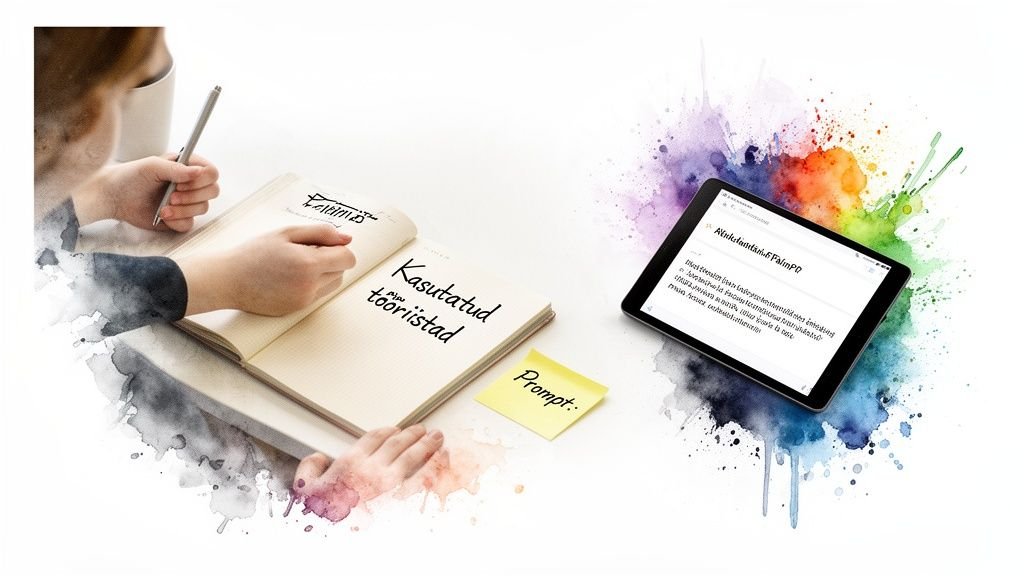 Käsi kirjutab märkmikusse AI abil õppimisest ja tahvel koos värvidega