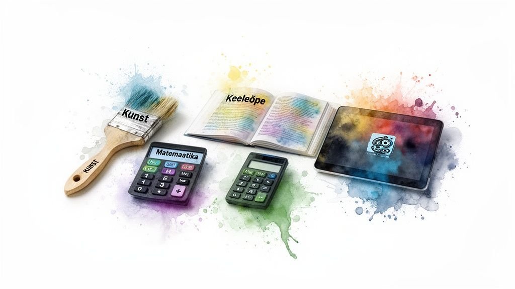 Kunstipintsel, raamat, kalkulaatorid ja tahvelarvuti värvilaikude taustal