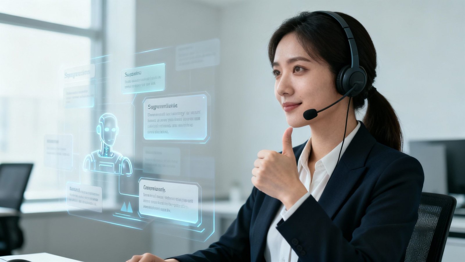 Klienditeenindaja kõrvaklappidega ja AI ekraani kõrval