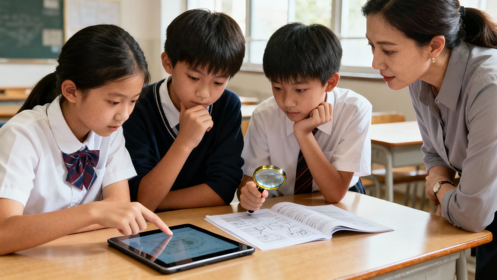 Klassiruumis tahvelarvutiga töötavad lapsed ja õpetaja