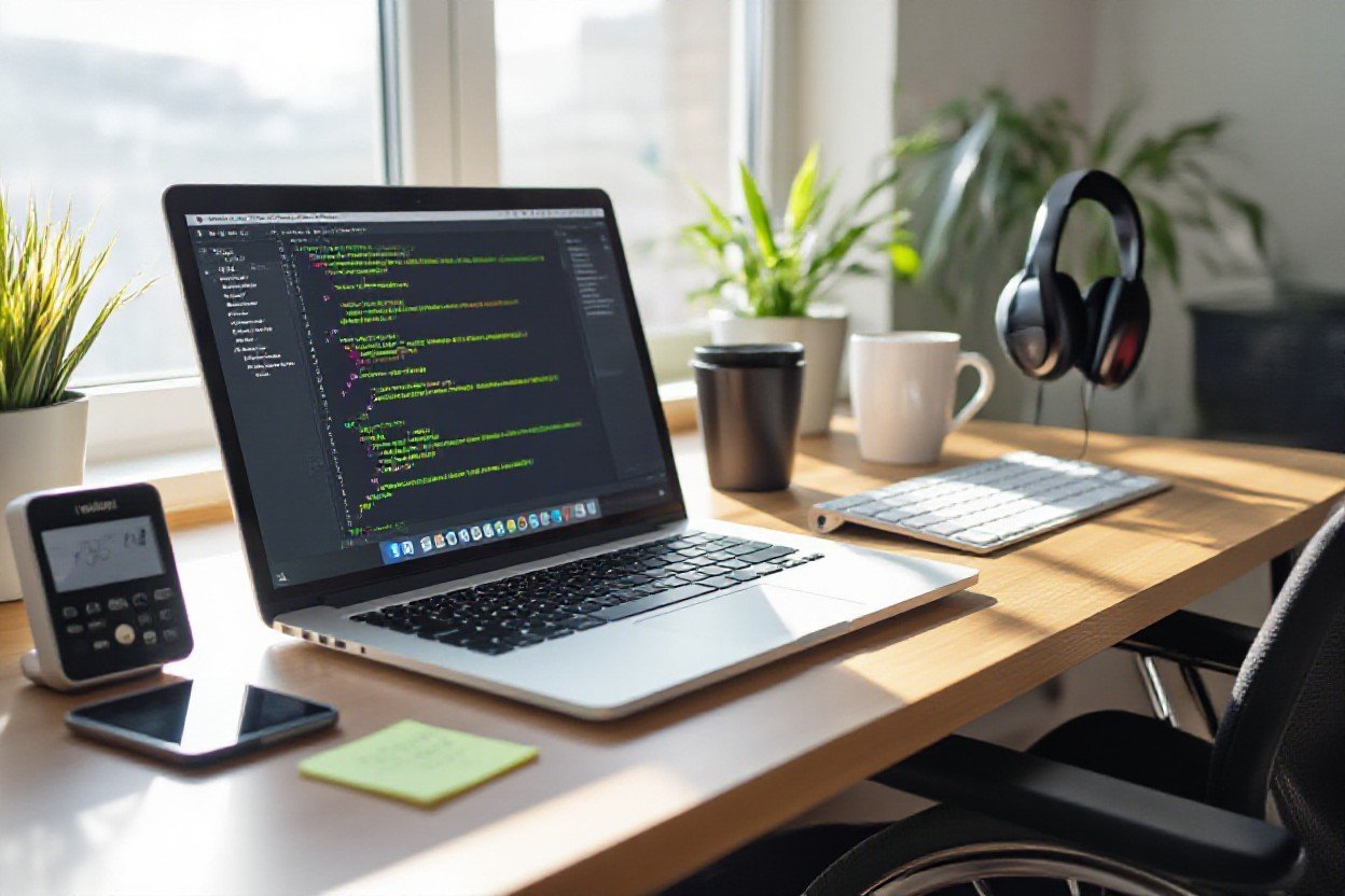 Avatud sülearvuti koodiredaktori ja kõrvatroolidega töölaual