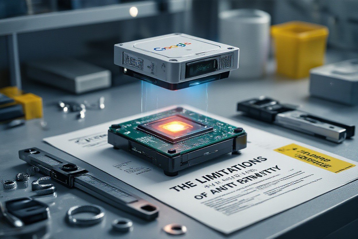 Google Antigravity seade hõljub mikroskeemi kohal laboris