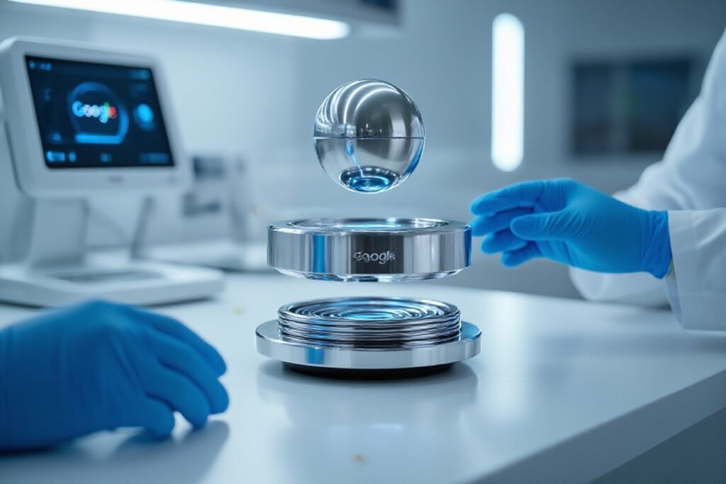 Riplev hõbedane sfäär laboris koos teadlase ja arvutiga