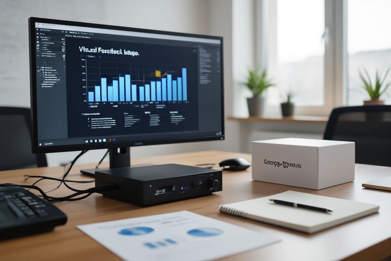 töölaua seadistus arvutiekraaniga, kus on graafikud ja Google Antigravity kast