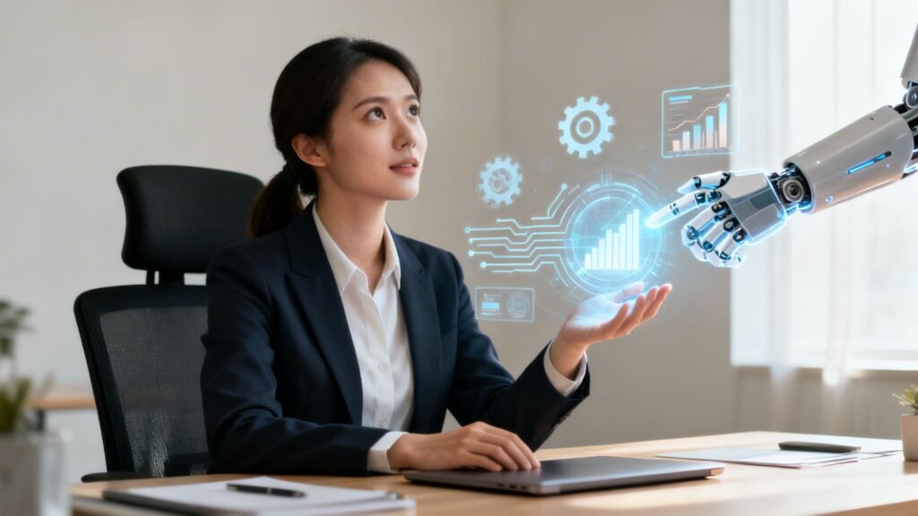 Kontoritöötaja kohtub robotkäega, mis visualiseerib andmeid