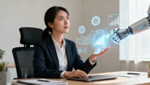 Kontoritöötaja kohtub robotkäega, mis visualiseerib andmeid