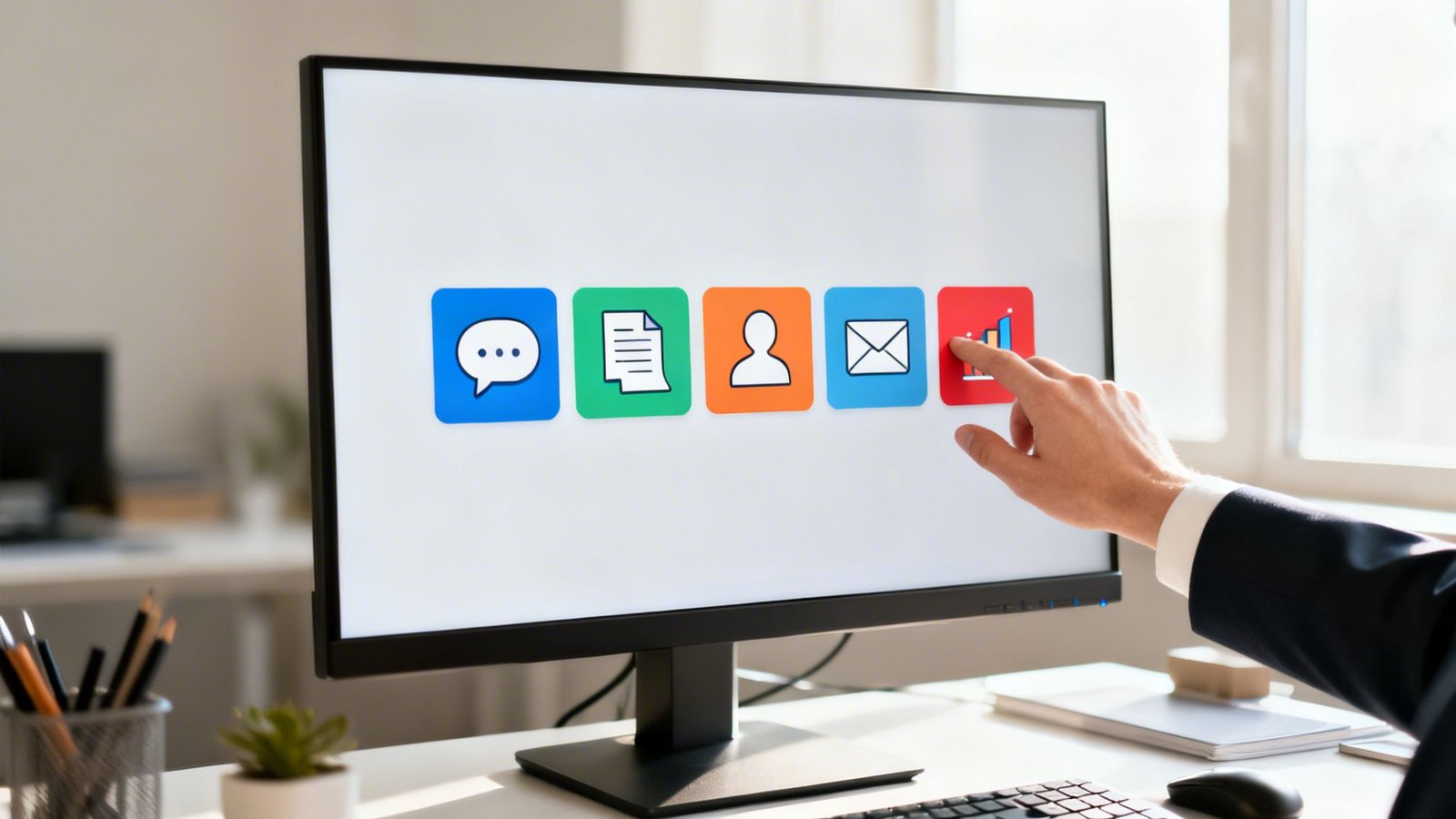 K&auml;si viitab ekraani ikoonidele, mis esindavad t&ouml;&ouml;l automatiseerimist