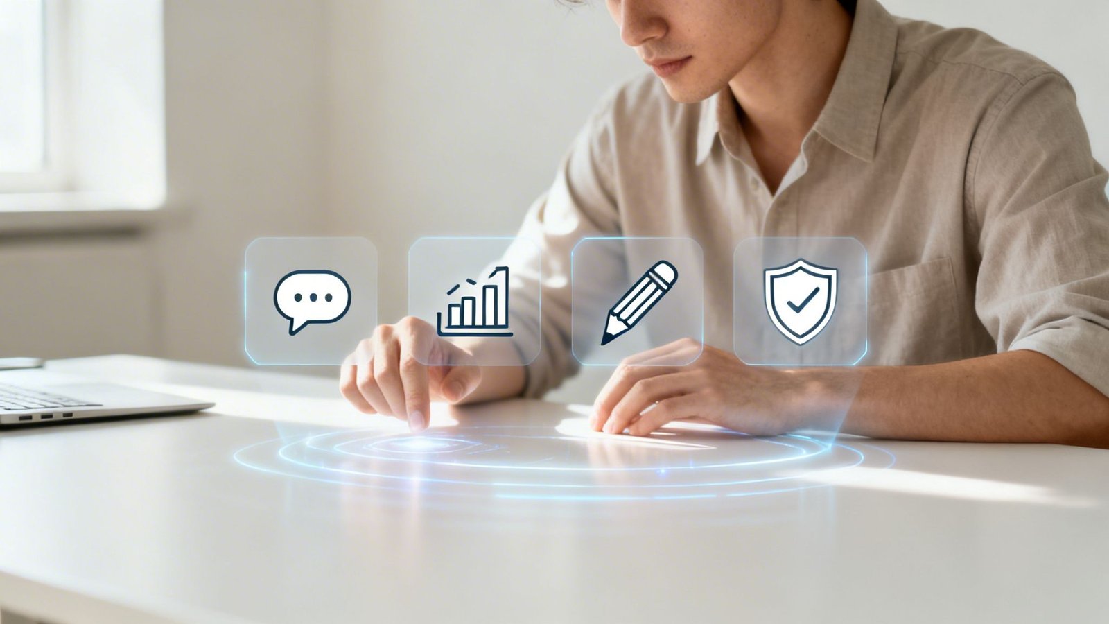 inimene kasutab arvutit ja hologramm-s&uuml;mboleid AI automatiseerimine