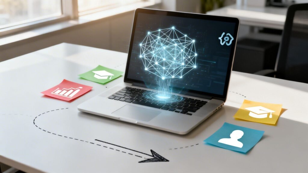 sülearvuti koos tehisintellekti kujutisega ekraanil ja värvilised märkmed laual