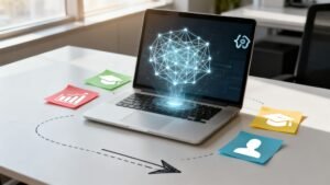 sülearvuti koos tehisintellekti kujutisega ekraanil ja värvilised märkmed laual