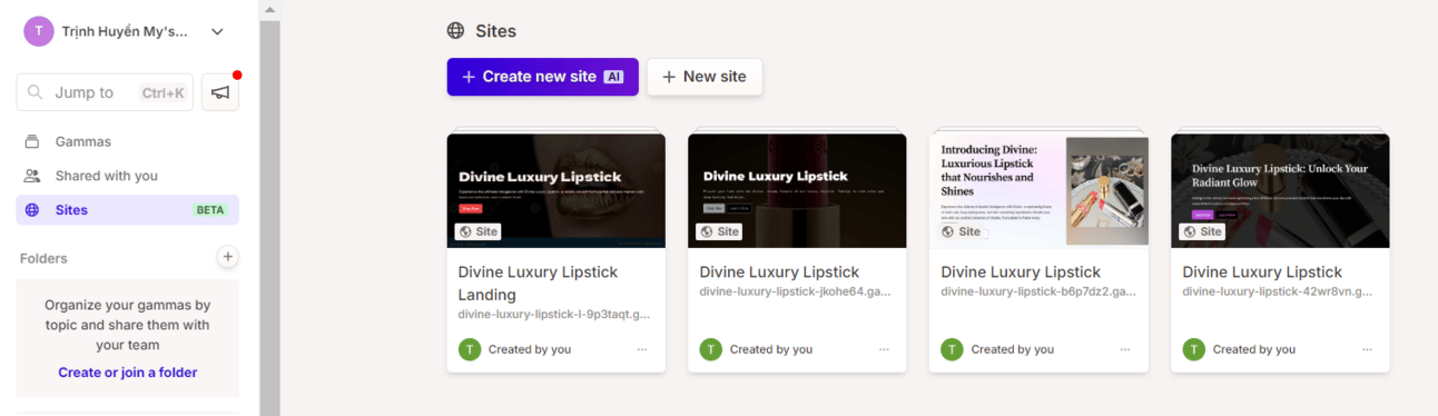 AI t&ouml;&ouml;riist Gamma, veebisaitide loomise ekraanipilt