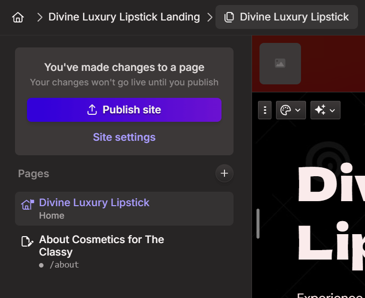 Gamma AI t&ouml;&ouml;riista kasutajaliides veebilehe avaldamiseks