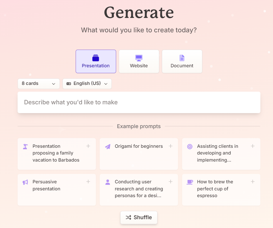 Gamma AI t&ouml;&ouml;riista kasutajaliides valiku ekraanil