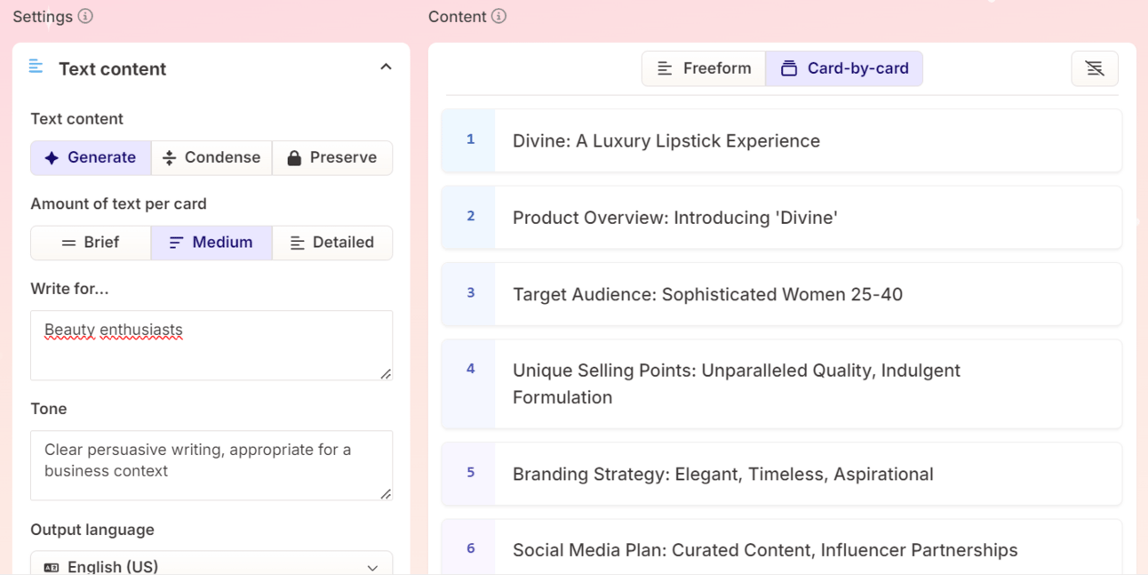 Gamma AI t&ouml;&ouml;riista kasutajaliides sisuteksti loomiseks
