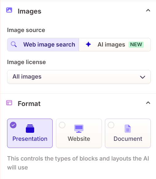 AI t&ouml;&ouml;riista Gamma kasutajaliides valikuvalikutega