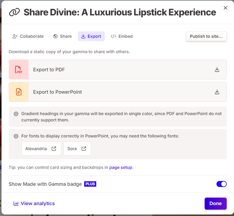 Gamma AI export options for PDF and PowerPoint