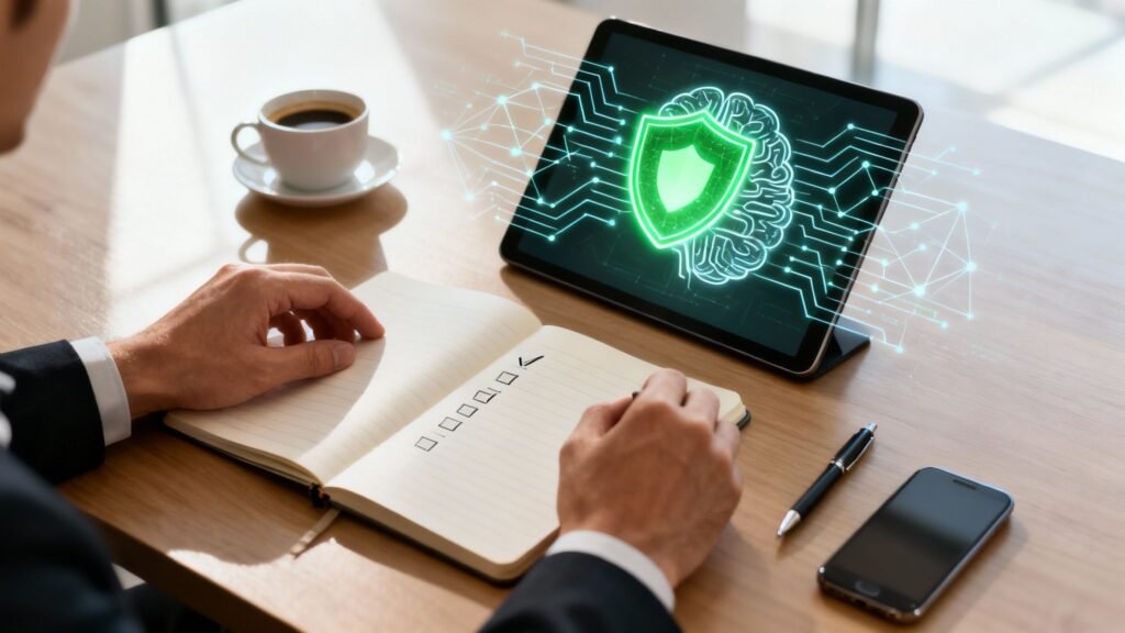 mees vaatab tahvelarvutit, millel kuva tehisaru turvalisuse sümboliga