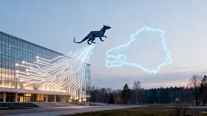 Kollane hoone, mille küljelt lendab välja stiliseeritud tiiger digitaalse Eesti kaardi suunas