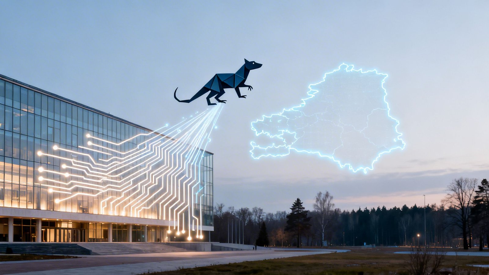 Kollane hoone, mille küljelt lendab välja stiliseeritud tiiger digitaalse Eesti kaardi suunas