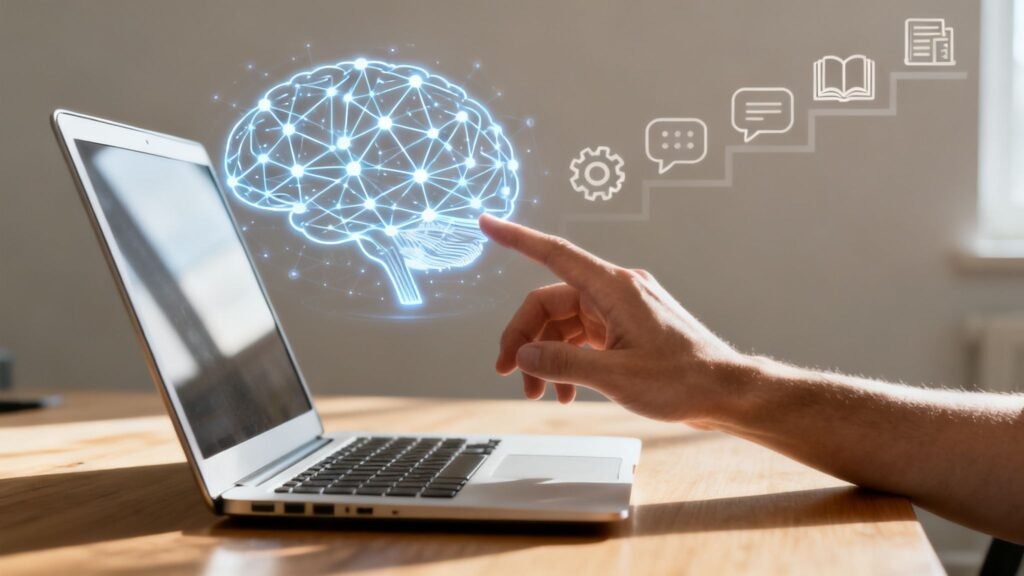 Käsi suunab AI ikooniga sülearvuti ekraanil
