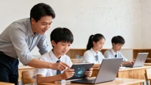 Õpetaja juhendab lastel tahvelarvutit kasutama klassiruumis AI-tunnis