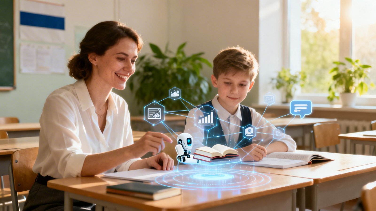 Õpetaja ja õpilane uurivad tehisintellekti abil raamatut klassiruumis