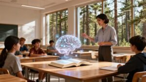 õpetaja klassiruumis koos õpilastega ja hologrammiga raamatust