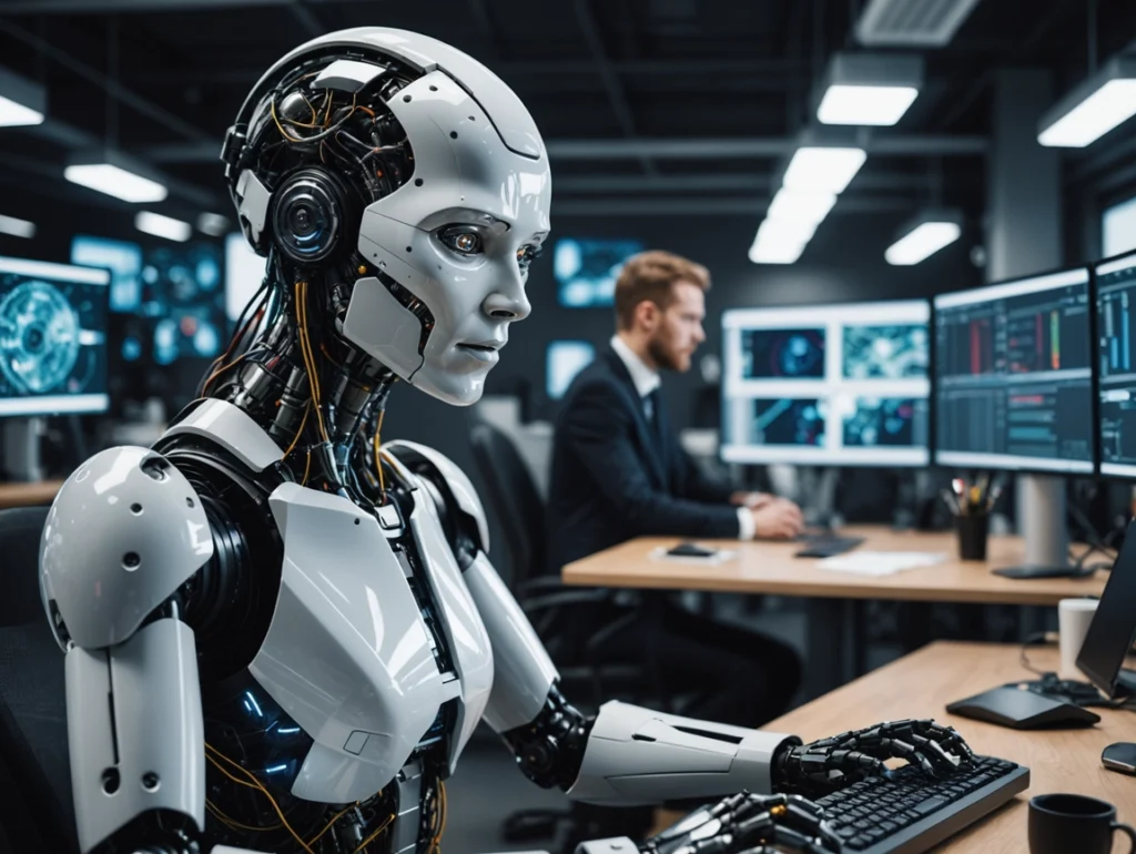 Tehisintellektiga humanoidrobot kontoris töötamas