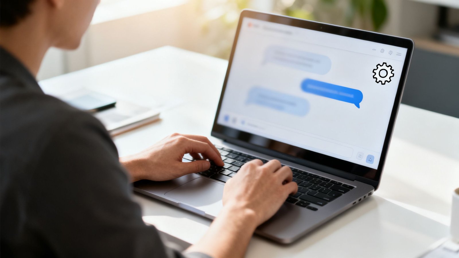 Inimene kirjutab sülearvutil, mille ekraanil on näha vestlusrakendus ja hammasratta ikoon.