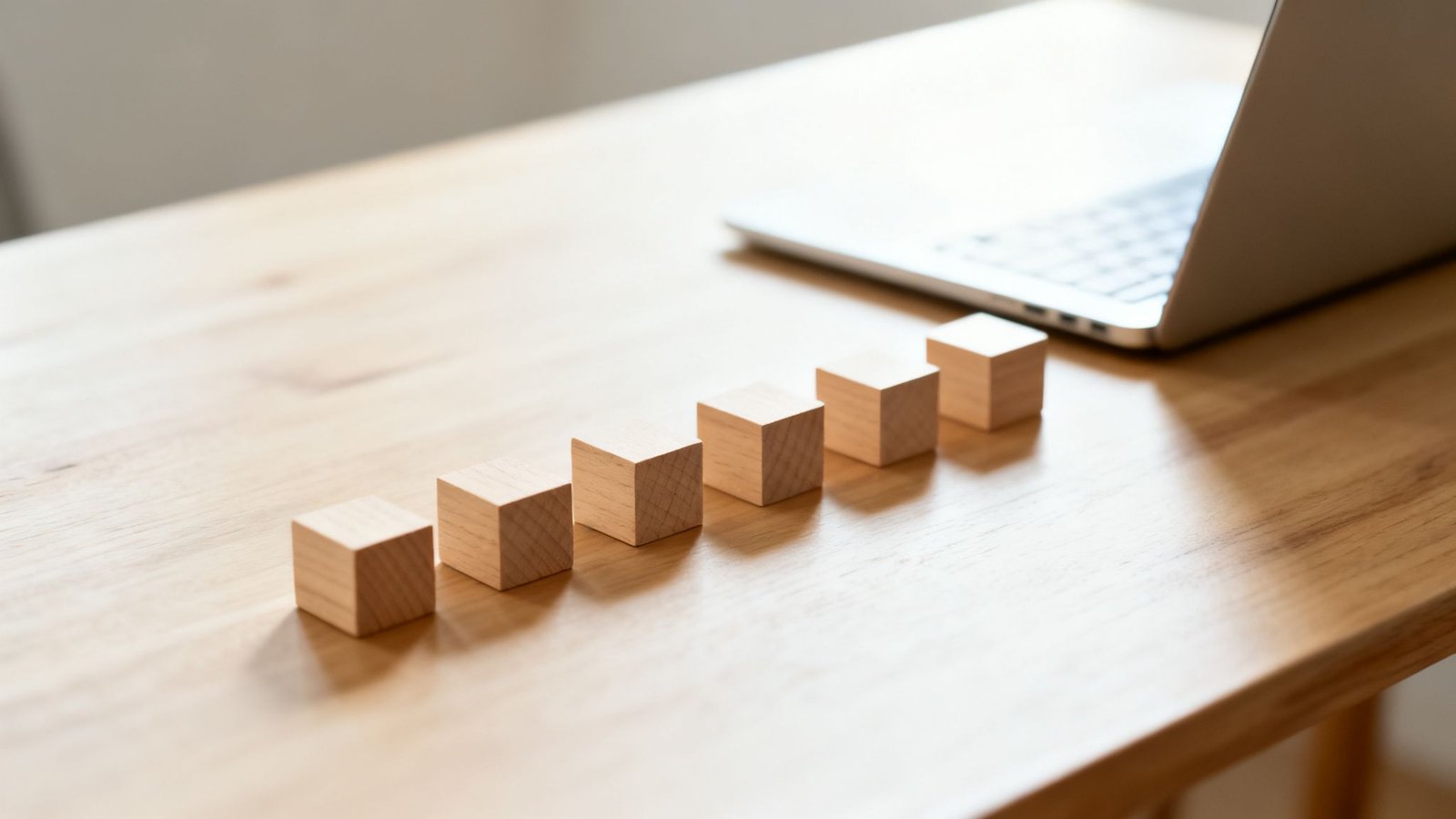 Rida puidust klotse puidust laual, taustal sülearvuti. Klotsid sümboliseerivad progressi ja arengut.
