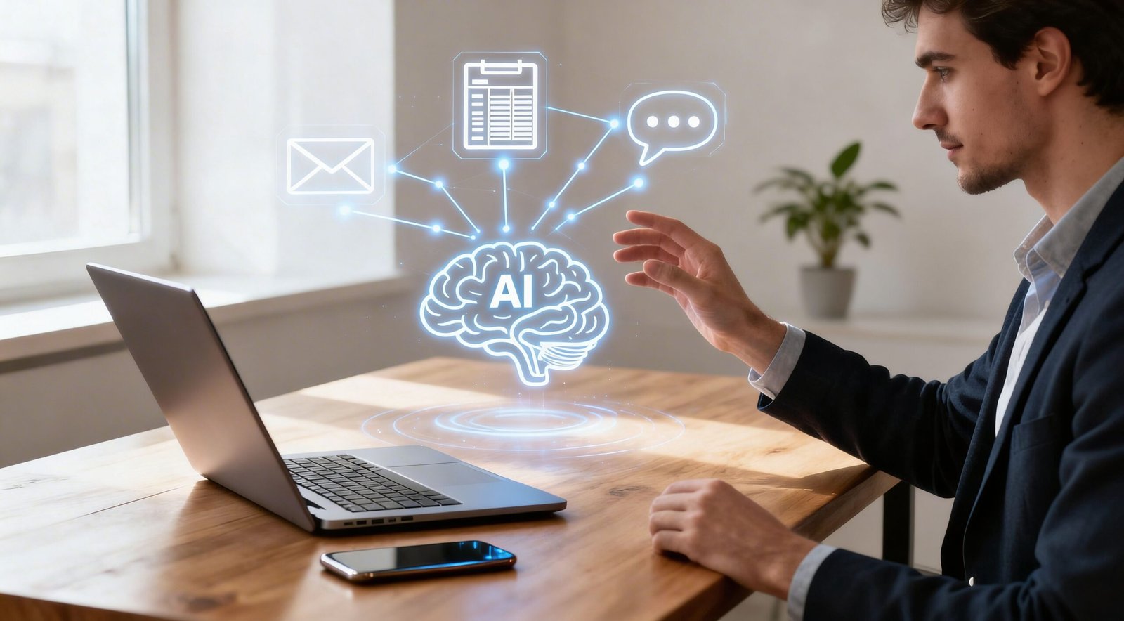 Mees kasutab AI-d sülearvutis tööülesannete automatiseerimiseks.