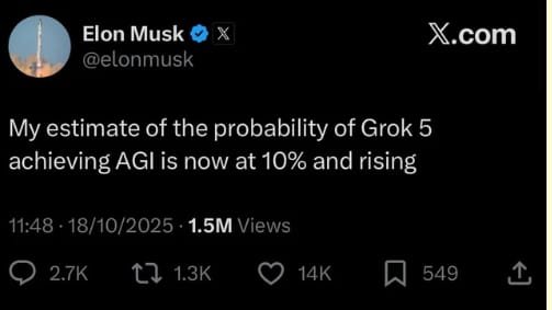 Elon Musk tweet Grok 5 AGI probability