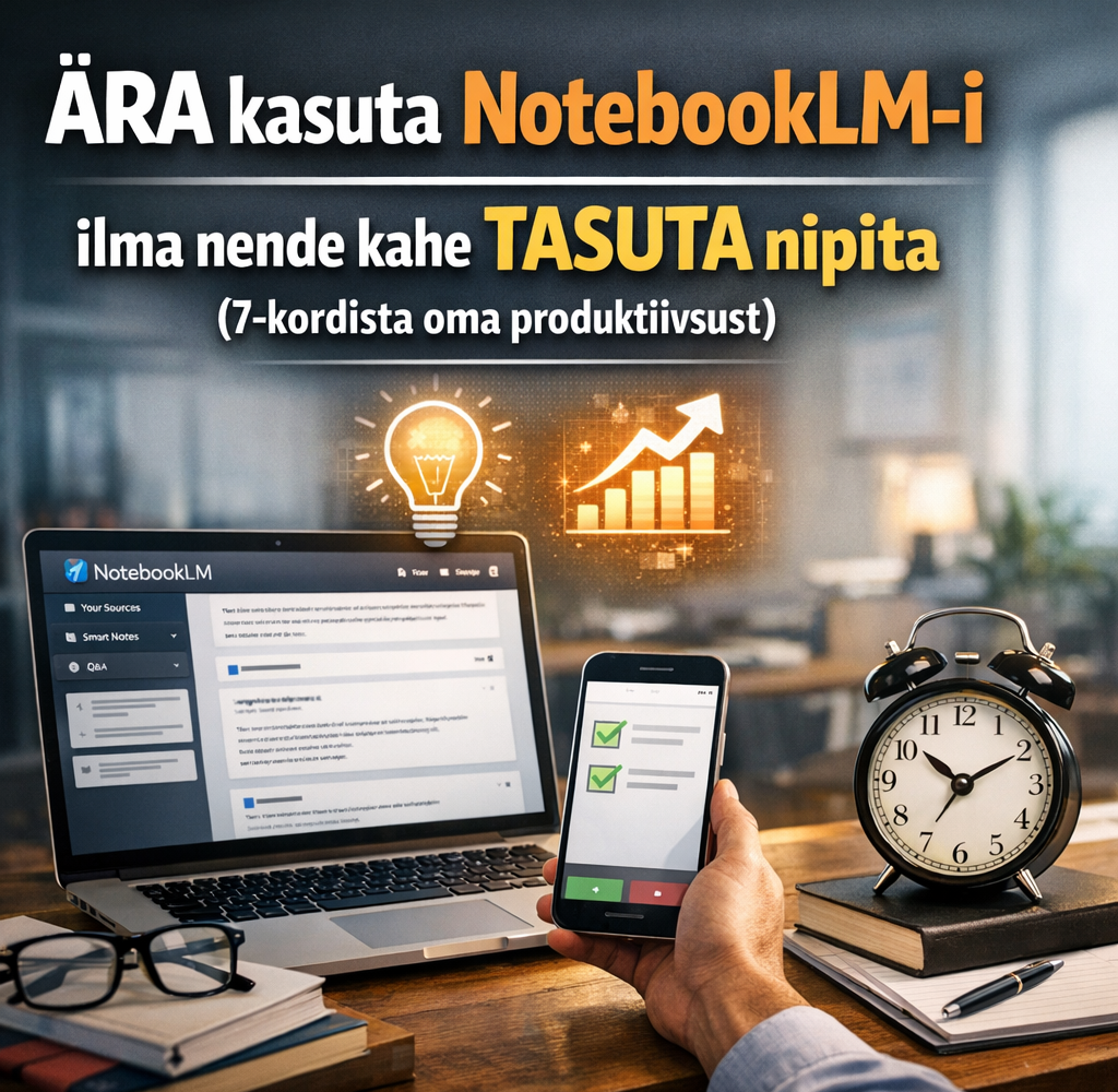 NotebookLM ekraanil sülearvutil ja nutitelefonis, produktiivsuse ikoonid