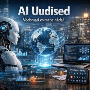 Robot uurib holograafilist maaka, taustal koodiga sülearvuti