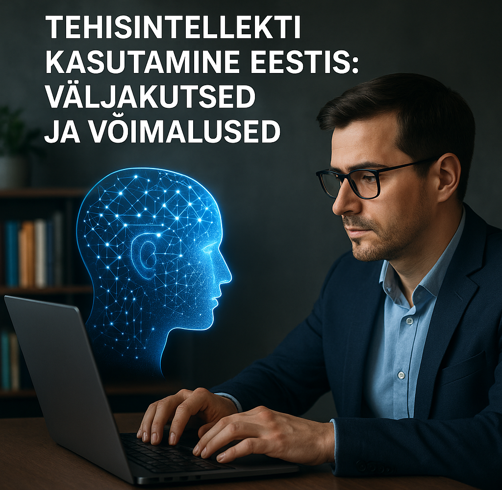 Mees sülearvuti taga koos tehisintellekti hologrammiga