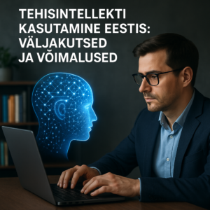 Mees sülearvuti taga koos tehisintellekti hologrammiga