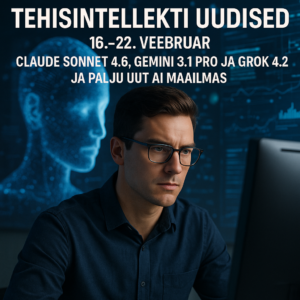 Mees arvuti taga tehisintellekti visuaali taustal